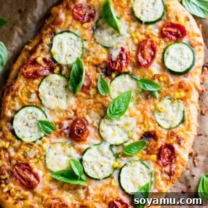 Roasted Tomato, Corn, and Zucchini Flatbread Pizza.