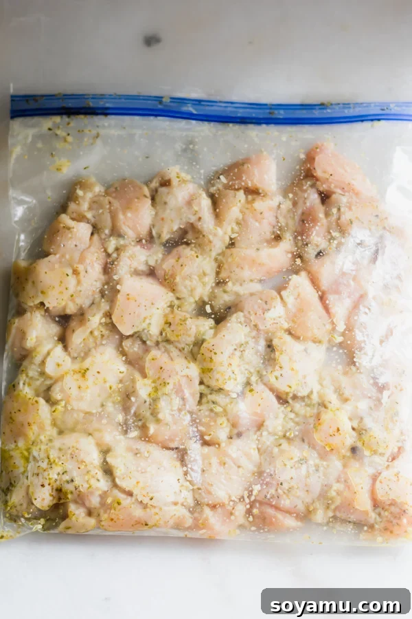 Savory Chicken Gyro Bowls with Artisan Tzatziki 3 Raw chicken pieces marinating in a clear ziploc bag with lemon, herbs, and olive oil.