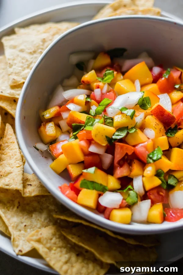A bowl of fresh peach salsa with crispy tortilla chips on a rustic surface.