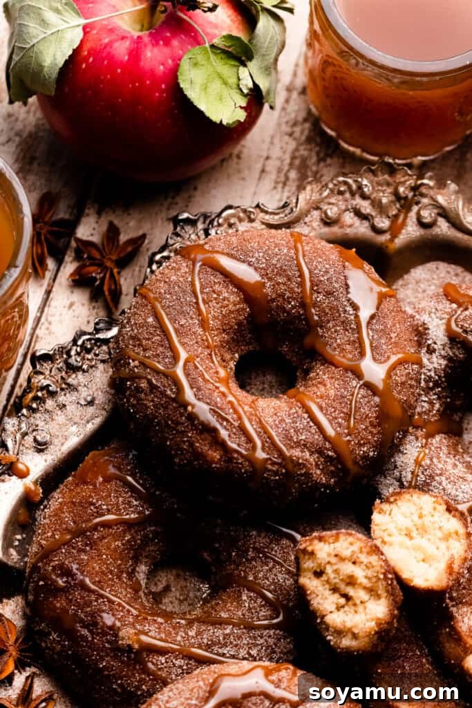 Ultimate Baked Apple Cider Donuts 11 A close-up on an apple donut drizzled with caramel.