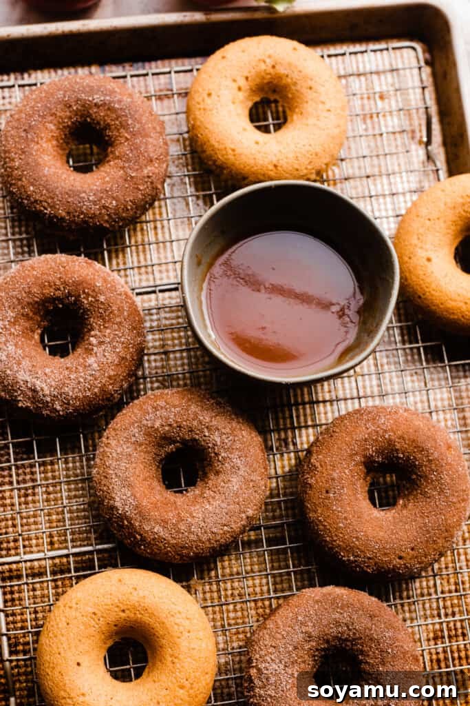 Ultimate Baked Apple Cider Donuts 10 Baked donuts on a wire rack, some coated in apple pie spice sugar.