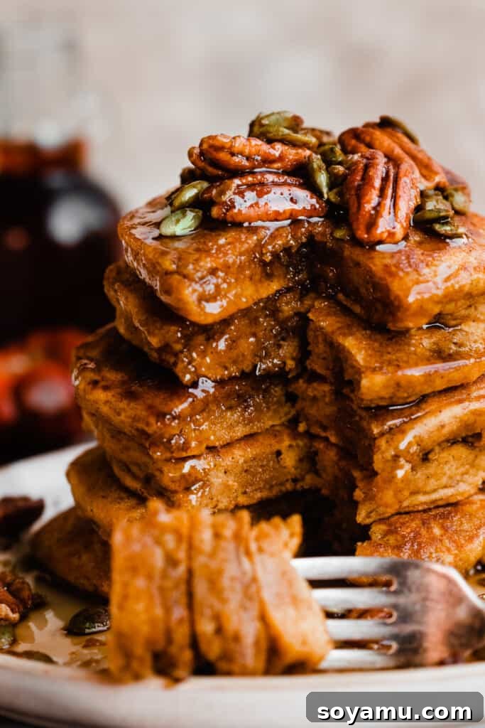 Pillowy Pumpkin Spice Pancakes 9 A close-up view of a stack of pumpkin pancakes, showcasing their fluffy interiors and golden-brown edges.