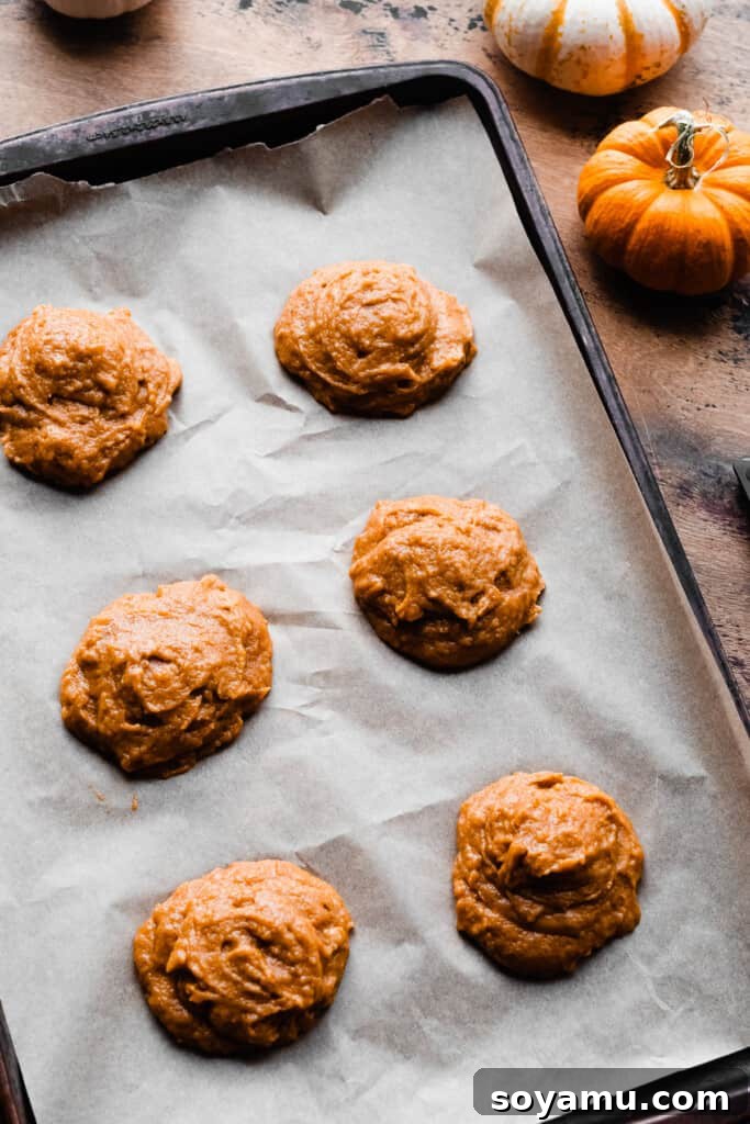 Brown Butter Pumpkin Whoopie Delights 5 A baking pan with evenly portioned pumpkin whoopie pie batter, ready to go into the oven.