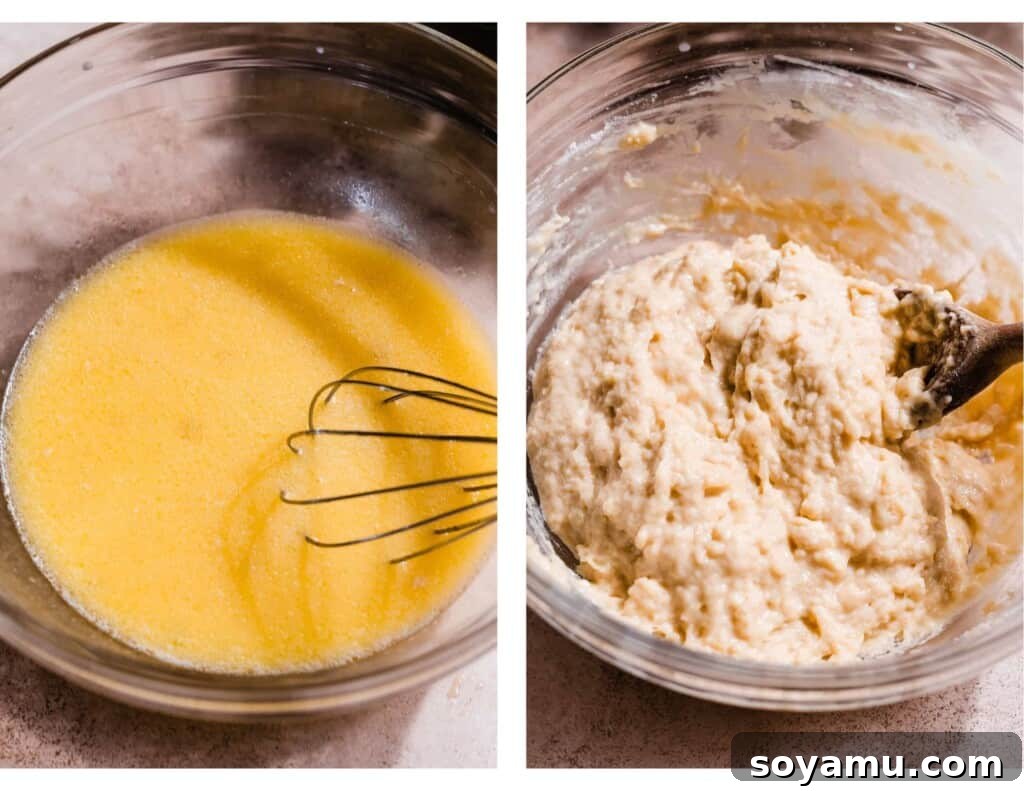 A bowl of the wet ingredients, and a bowl of the wet, shaggy dough for brioche cinnamon rolls.