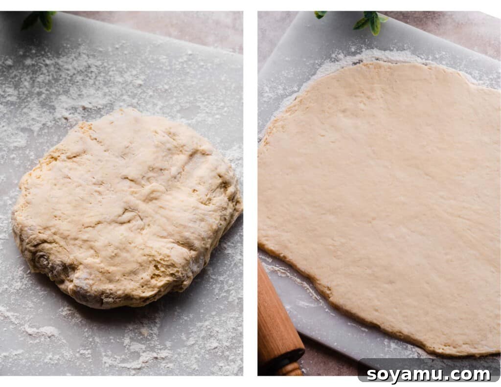 A smooth, rolled-out rectangle of brioche dough on a floured surface.