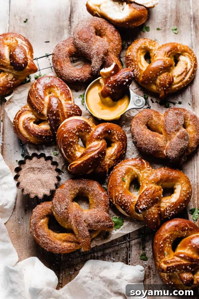 Homemade Soft Pretzel Trio 11 A wide-angle shot of a fresh batch of baked pretzels, perfectly golden, arranged on a vintage wire rack.