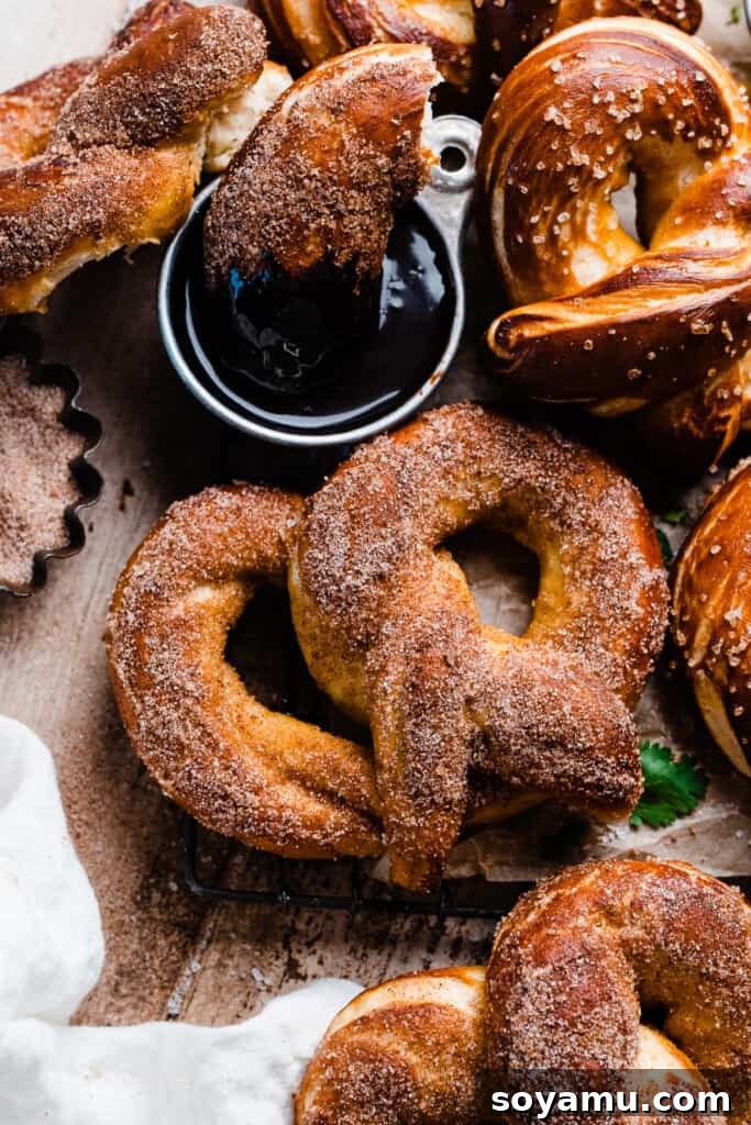 Homemade Soft Pretzel Trio 12 A sweet cinnamon sugar coated pretzel, accompanied by a rich chocolate dipping sauce, ready for indulgence.