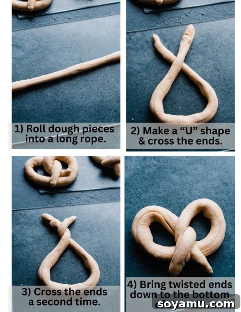 Homemade Soft Pretzel Trio 7 Four sequential images demonstrating the detailed process of forming dough into the classic pretzel twist shape.