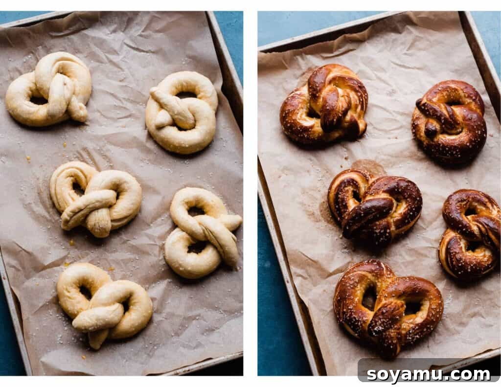 Homemade Soft Pretzel Trio 9 A side-by-side comparison of unbaked pretzels, brushed with egg wash, and a batch of perfectly baked, golden-brown soft pretzels on the same baking sheet.