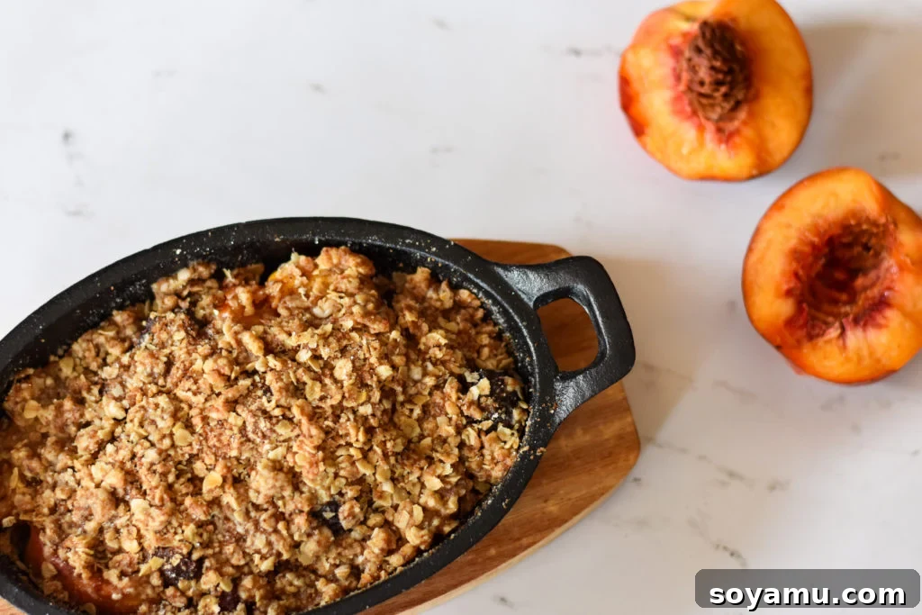 Intimate Peach Blackberry Crisp 5 A serving of the fruit crumble in a bowl, topped with a scoop of ice cream.