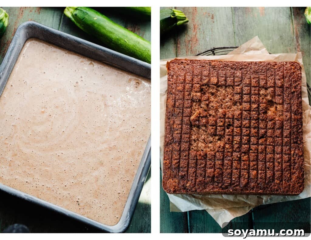 Irresistible Zucchini Snack Cake with Brown Butter Cream Cheese Frosting 6 A two-panel image showing the unbaked zucchini cake batter in a square pan, followed by the golden-brown baked cake cooling on a wire rack.