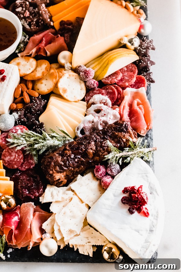 A lavish appetizer spread featuring cheeses, meats, and gourmet accompaniments A comprehensive view of a vibrant cheese and charcuterie board, showcasing a rich assortment of ingredients.