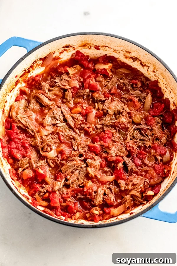 Braised Beef with Tomatoes + Gnocchi - Shredded beef with saucy tomato goodness. Shredded braised beef mixed with the rich tomato sauce in the Dutch oven.