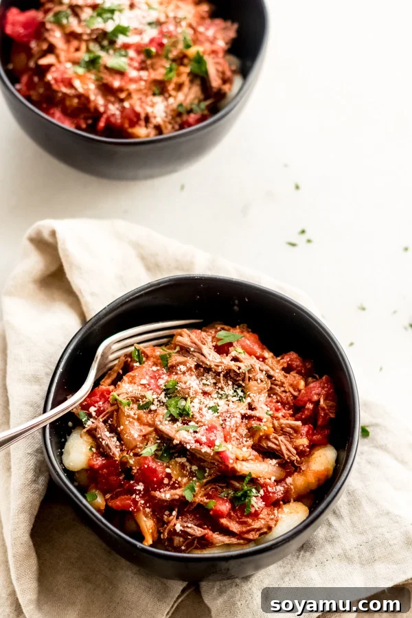 Braised Beef with Tomatoes + Gnocchi - A perfect harmony of flavors and textures. A final, appealing image of the Braised Beef with Tomatoes and Gnocchi, ready to be enjoyed.