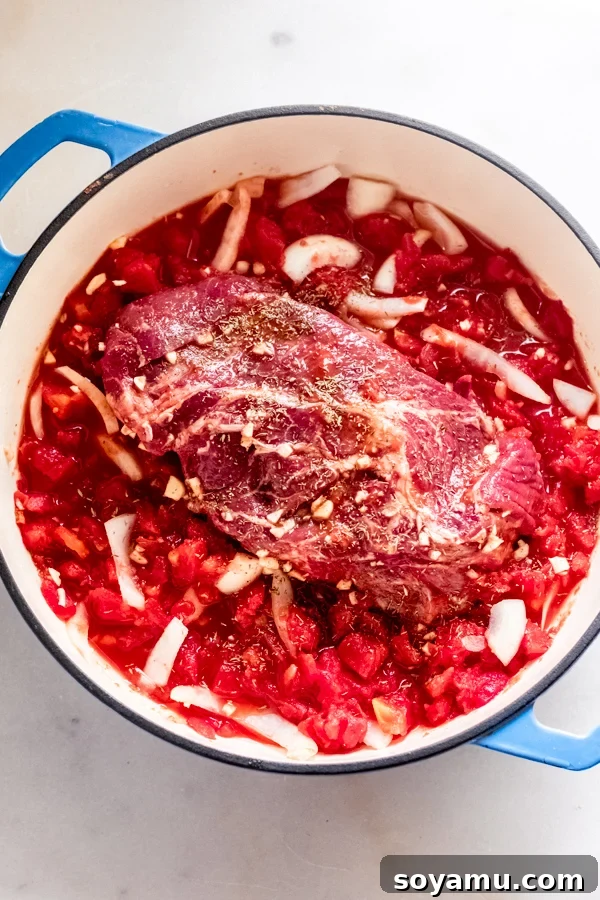 Braised Beef with Tomatoes + Gnocchi - Beef and ingredients ready for the oven. Beef chuck roast and other ingredients arranged in a Dutch oven, ready for braising.