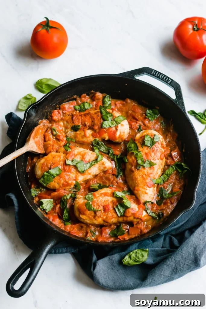 One Pan Chicken with Garlic Butter Tomato Sauce - Easy and flavorful healthy dinner idea. A close-up of a sizzling One Pan Chicken with Garlic Butter Tomato Sauce, garnished with fresh herbs, ready to be served.
