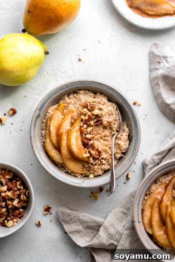 Caramelized Pear Oatmeal Bowls - Flavorful and comforting breakfast. Hearty Caramelized Pear Oatmeal Bowls topped with walnuts and a sprinkle of cinnamon, perfect for a cozy breakfast.