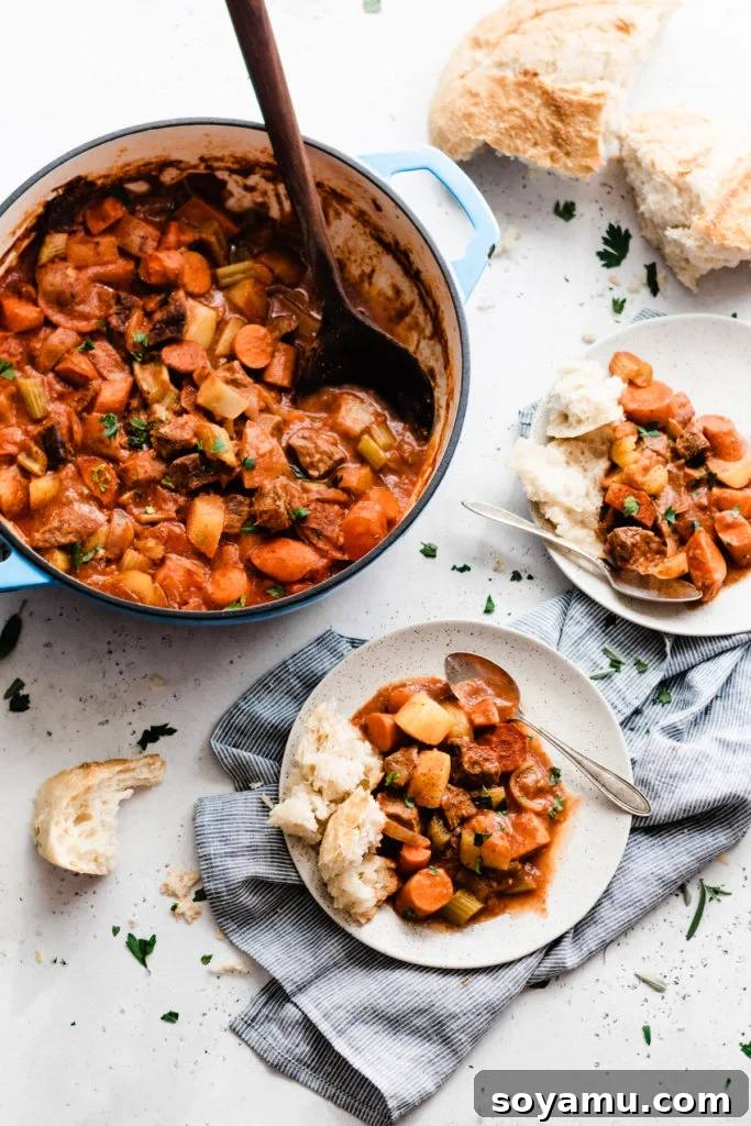 Instant Pot Beef Stew - Comforting and healthy beef stew recipe. A hearty bowl of Instant Pot Beef Stew, rich with tender beef, carrots, potatoes, and a savory broth, perfect for a comforting meal.