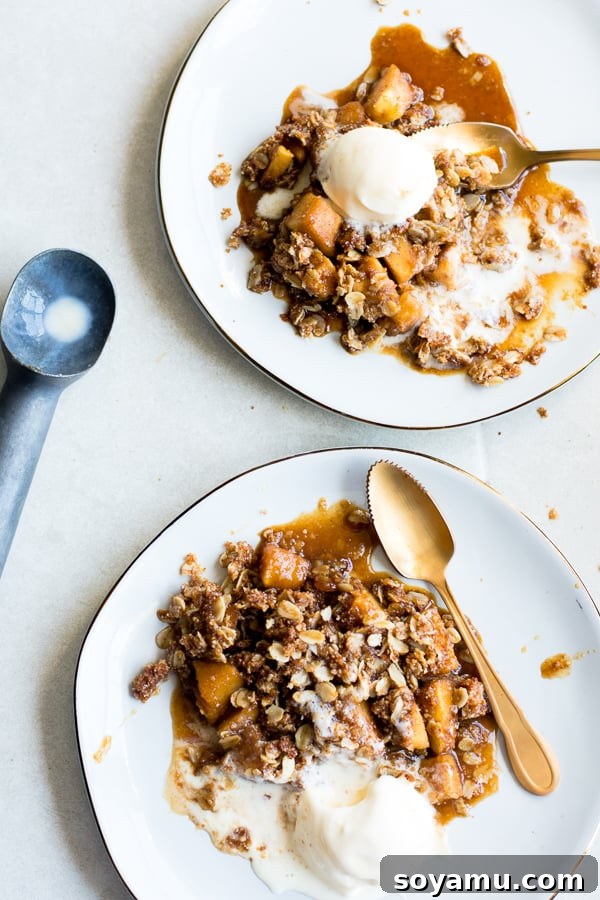 Gluten Free Apple Crisp - Luscious and refined-sugar free dessert. A generous serving of Gluten Free Apple Crisp, topped with a scoop of vanilla ice cream, golden and bubbly.