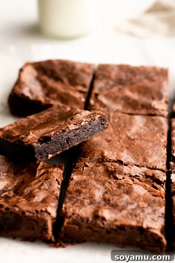 Fudgy Gluten-Free Brownies - Decadent and dairy-free adaptable dessert. Rich and fudgy Gluten-Free Brownies, perfectly cut into squares, showcasing a decadent texture.