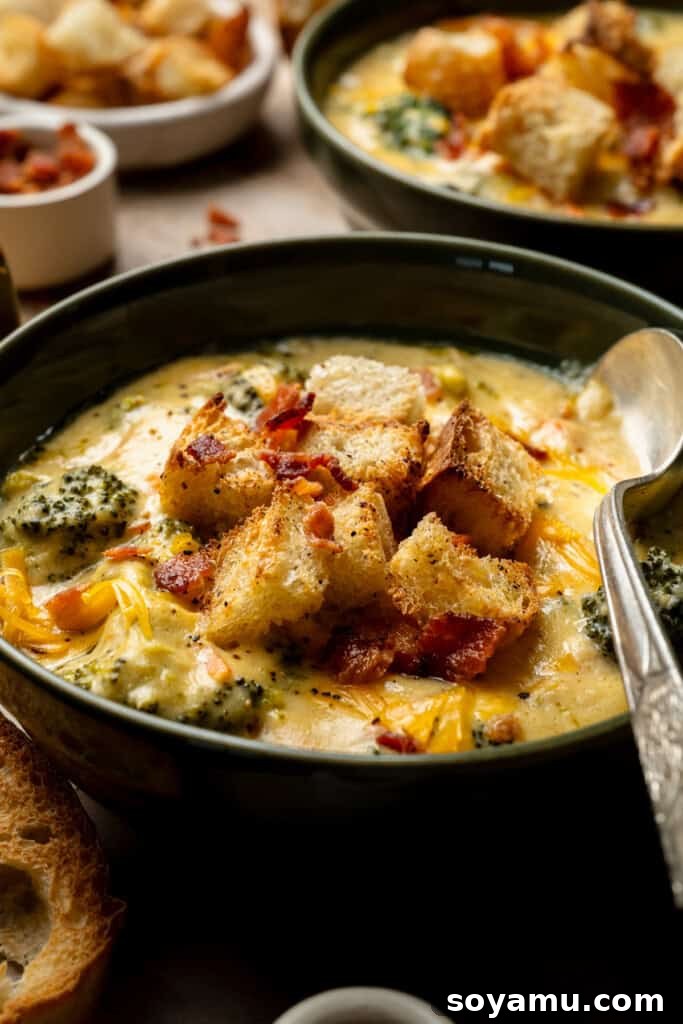 A close-up of a rustic bowl of broccoli cheddar soup, garnished with golden croutons and crisp bacon bits, highlighting its rich texture.