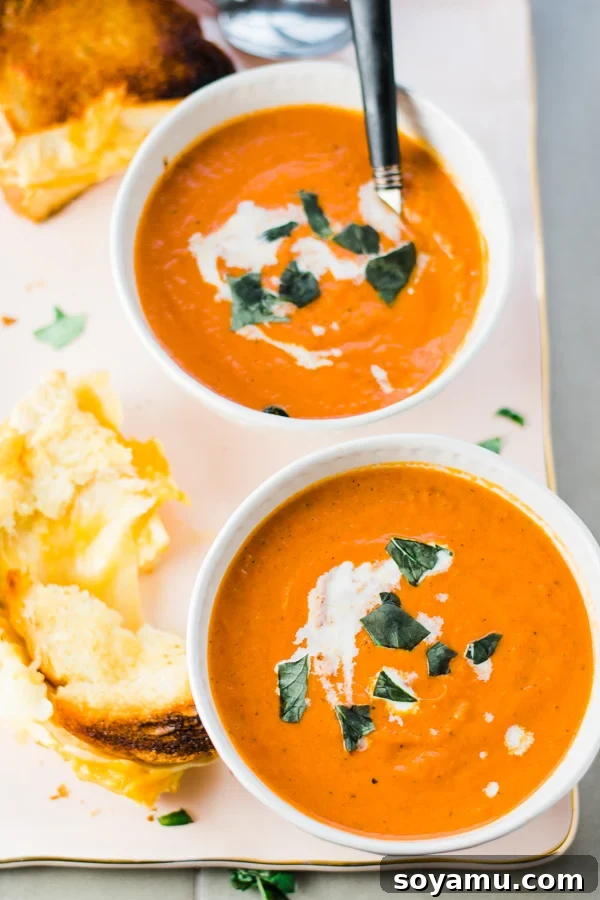 Grilled Cheese and The Best Tomato Soup Classic grilled cheese sandwich with melted cheese, next to a bowl of rich tomato soup.