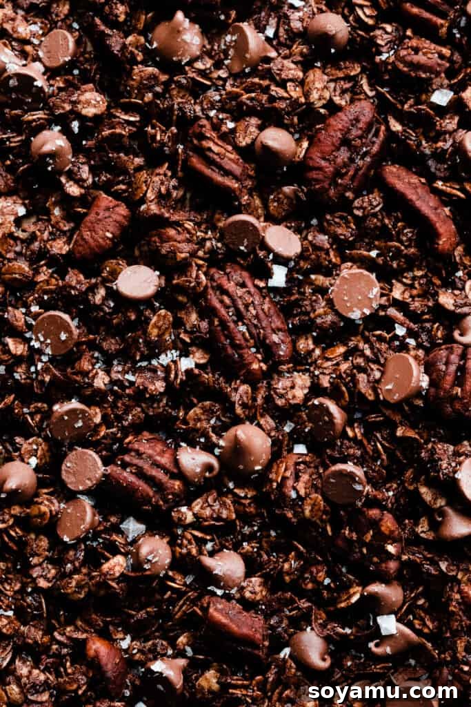 A close-up shot of the perfectly baked chocolate granola, showcasing its rich brown color and crunchy clusters on a parchment-lined baking sheet.