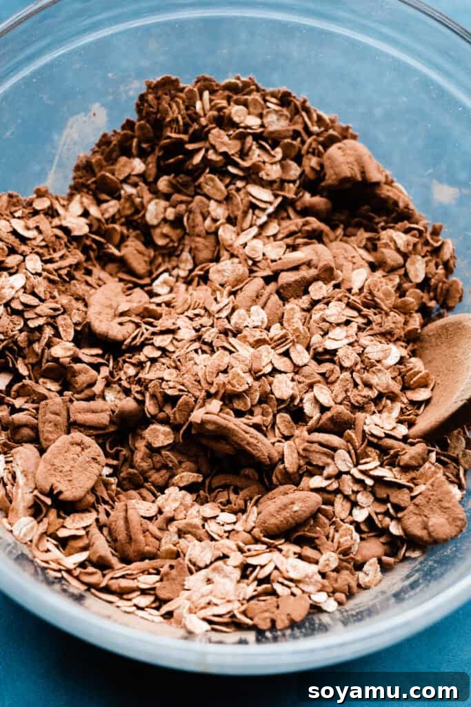 A bowl filled with the dry ingredients for chocolate granola, showing the oats, pecans, coconut, and cocoa powder mixed together.