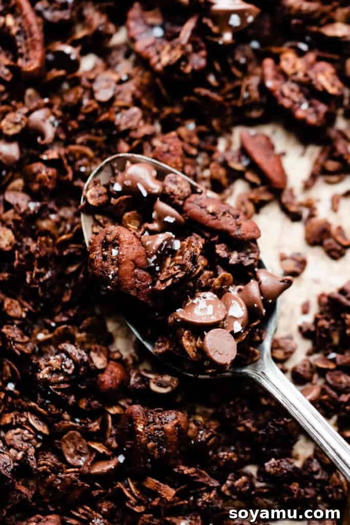 A spoon scooping into a pan of the chocolate granola, showing its delightful texture and tempting clusters.