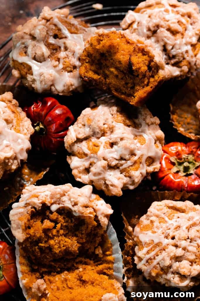 Maple-Drizzled Pumpkin Crumble Muffins 3 Pumpkin muffins on a vintage wire rack, with some broken open showing the fluffy, moist insides.