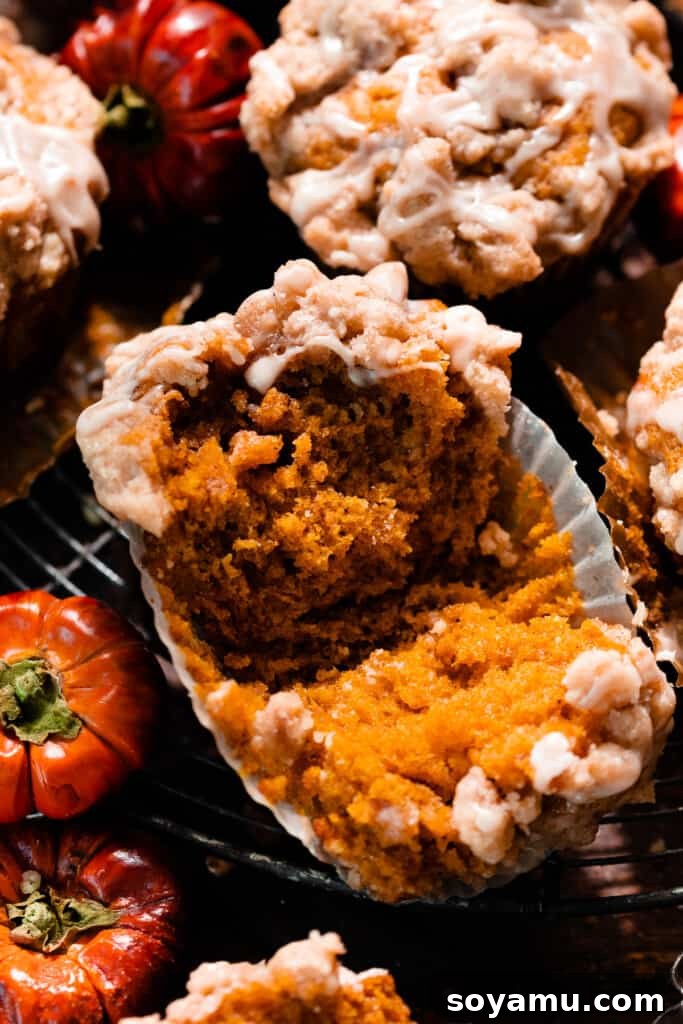 Maple-Drizzled Pumpkin Crumble Muffins 10 A close-up on a fluffy pumpkin spice muffin broken in half