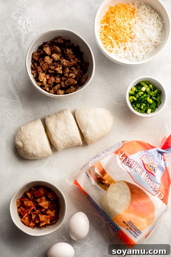 A colorful spread of fresh ingredients for building personalized breakfast pizzas. Various breakfast pizza ingredients displayed in small bowls, including cheese, bacon, and green onions.