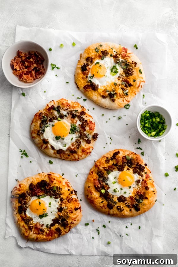 Visually appealing breakfast pizzas, beautifully garnished, perfect for a special meal. Three breakfast pizzas on a white surface, garnished with fresh parsley and ready to serve.