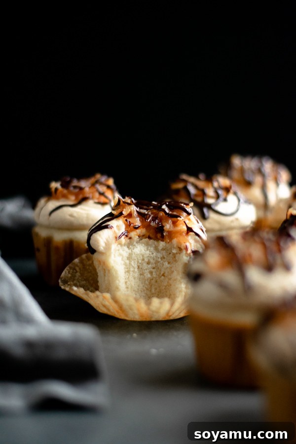 Another view of the irresistible Samoa cupcakes, highlighting their beautiful presentation.
