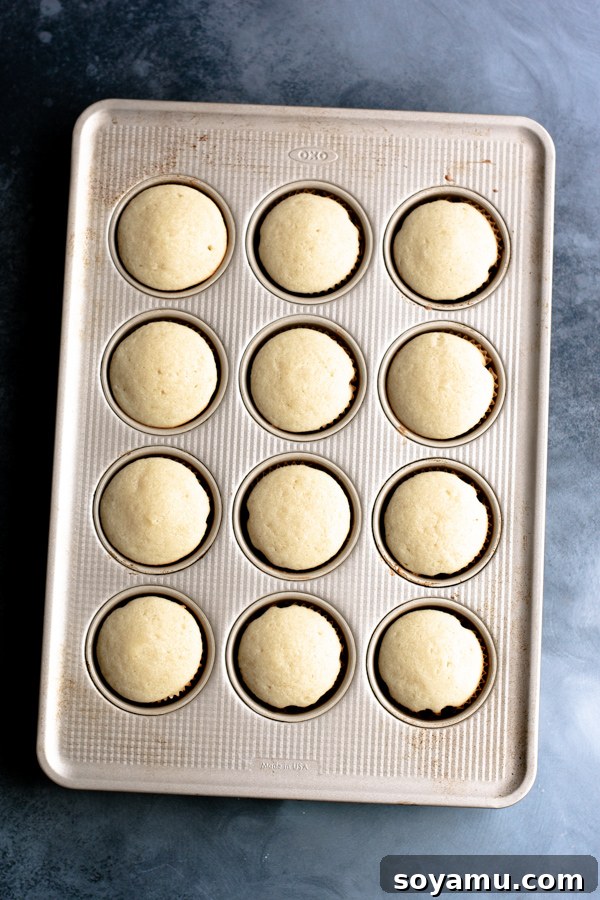 Cupcakes baking in a muffin tin, rising perfectly in their paper liners.