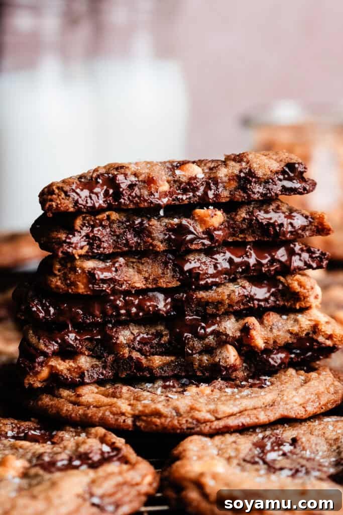 Golden Butterscotch Chocolate Chip Delights 3 A stack of butterscotch chocolate chip cookie halves, showing the chewy centers.