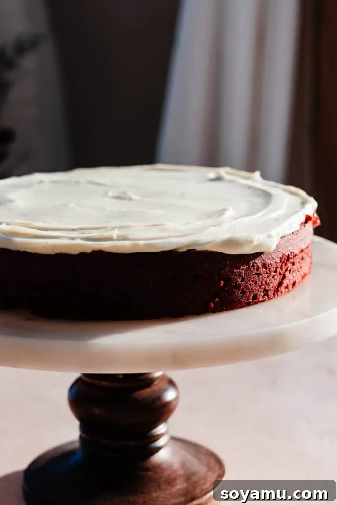 Decadent Red Velvet Dream 12 A layer of the red velvet cake beautifully spread with rich cream cheese frosting, ready for the next cake layer.