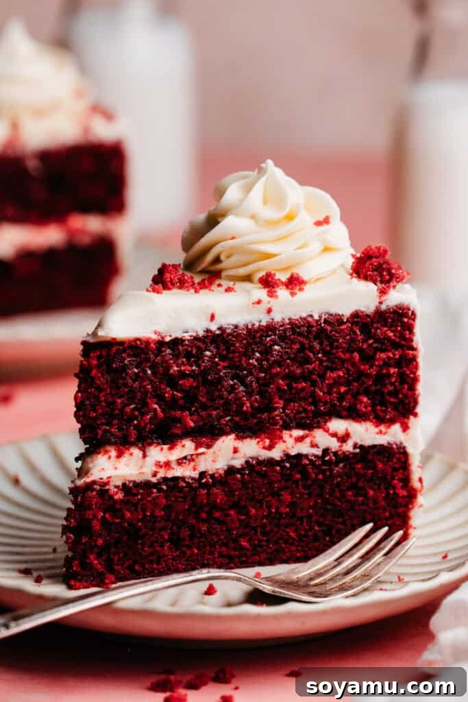 Decadent Red Velvet Dream 15 A slice of the red velvet cake standing upright on a dessert plate. It's elegantly decorated with a swirl of cream cheese frosting and a sprinkle of red velvet cake crumbs.