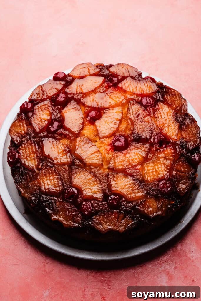 Caramelized Pineapple Dream 11 The baked cake on a cake plate.
