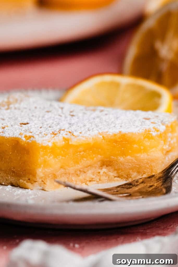 Effortless Zesty Lemon Bars 11 A single, perfectly cut lemon bar on a white plate, beautifully dusted with powdered sugar, with one bite taken to reveal its creamy filling and crisp crust.