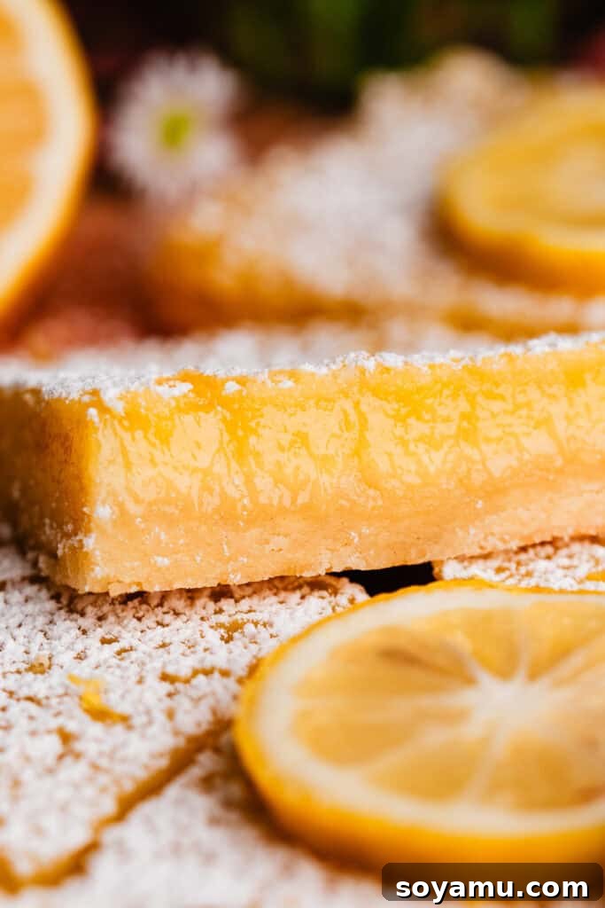Effortless Zesty Lemon Bars 12 A close-up cross-section of a lemon bar, showcasing its distinct layers: the crisp, golden shortbread crust at the bottom and the thick, creamy, vibrant lemon filling on top.