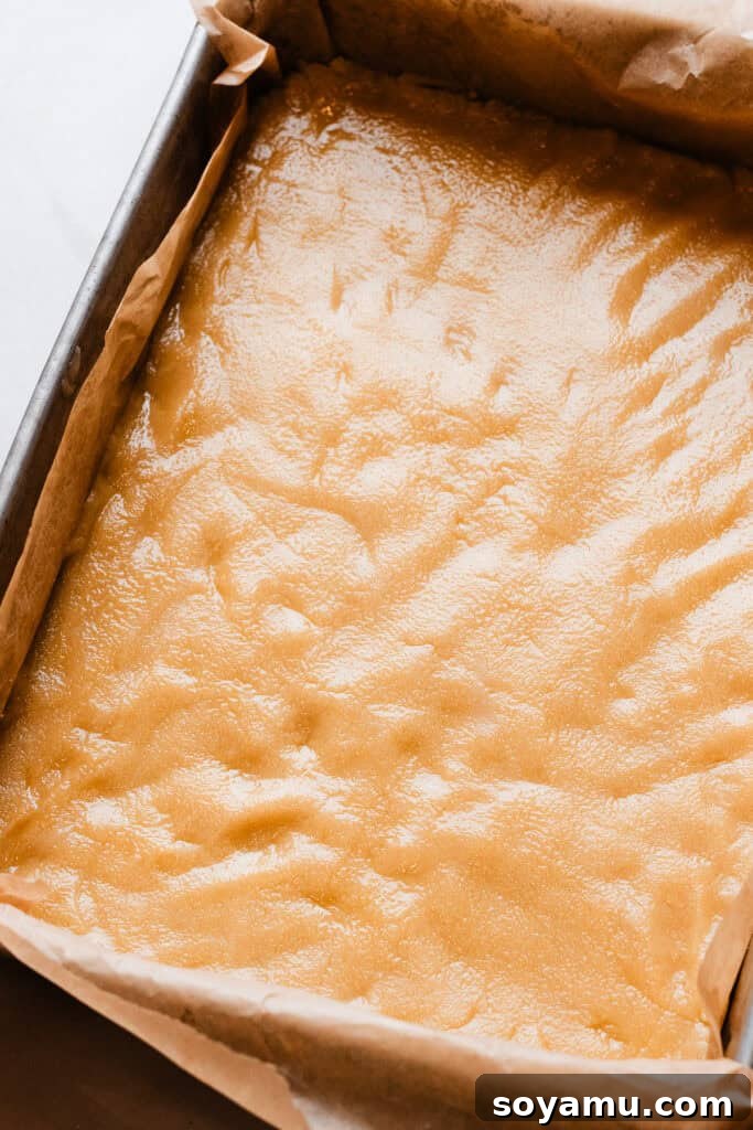 Effortless Zesty Lemon Bars 5 The buttery shortbread crust mixture evenly pressed into a 9x13 inch baking pan, ready for its initial bake.