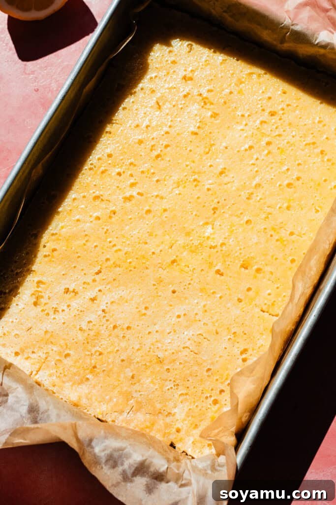 Effortless Zesty Lemon Bars 10 A baking pan containing the freshly baked lemon bars, showing a golden crust and a smooth, set lemon filling.
