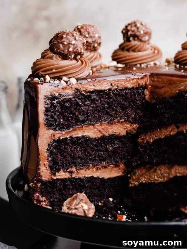 Velvety Nutella Frosting 6 A tantalizing cross-section of a Nutella chocolate cake, revealing perfectly even layers of moist chocolate cake separated by generous, creamy Nutella frosting.