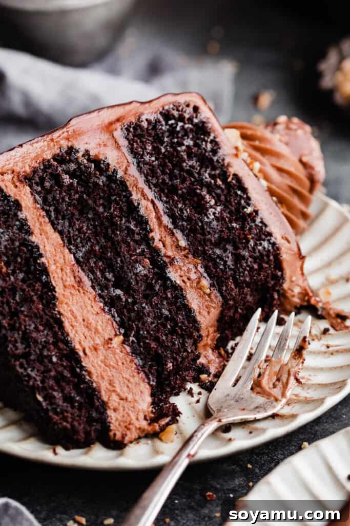 Velvety Nutella Frosting 8 A delectable slice of chocolate cake, generously frosted with smooth Nutella frosting, resting on a crisp white dessert plate.