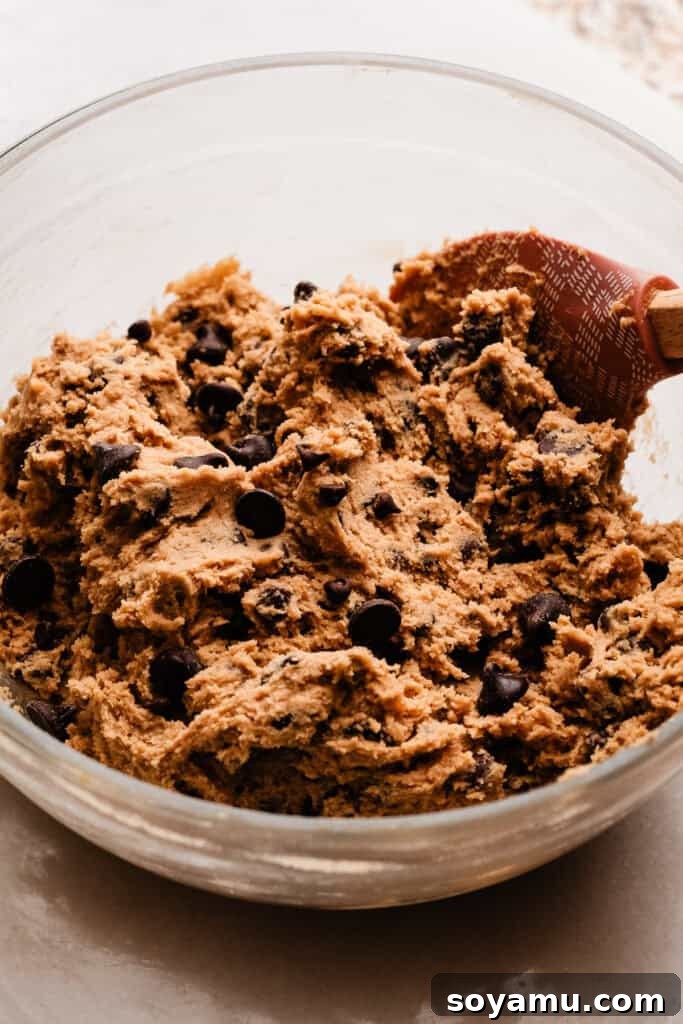 Chocolate Chip Cookie Cake Recipe — Soft, Chewy, Crowd-Pleasing 5 A bowl of the semi thick cookie dough, with chocolate chips folded in.