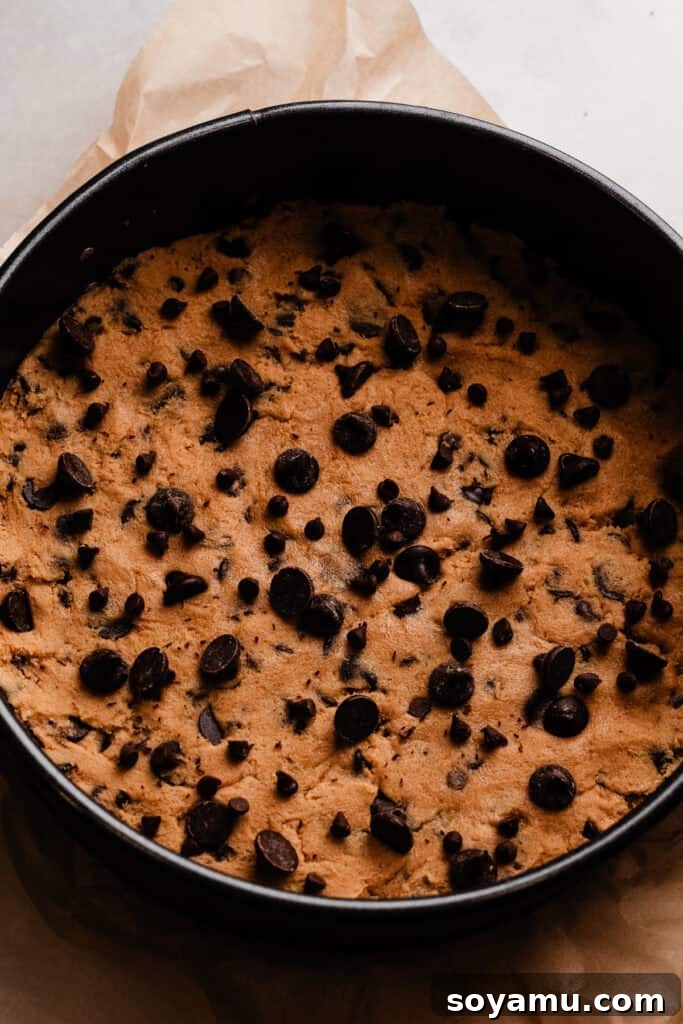 Chocolate Chip Cookie Cake Recipe — Soft, Chewy, Crowd-Pleasing 6 Chocolate chip cookie dough pressed into a springform pan, ready to be baked.