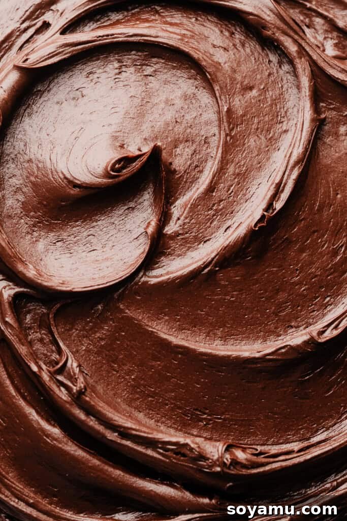 Chocolate Chip Cookie Cake Recipe — Soft, Chewy, Crowd-Pleasing 8 A close-up on swirls of the luscious, shiny chocolate fudge frosting.