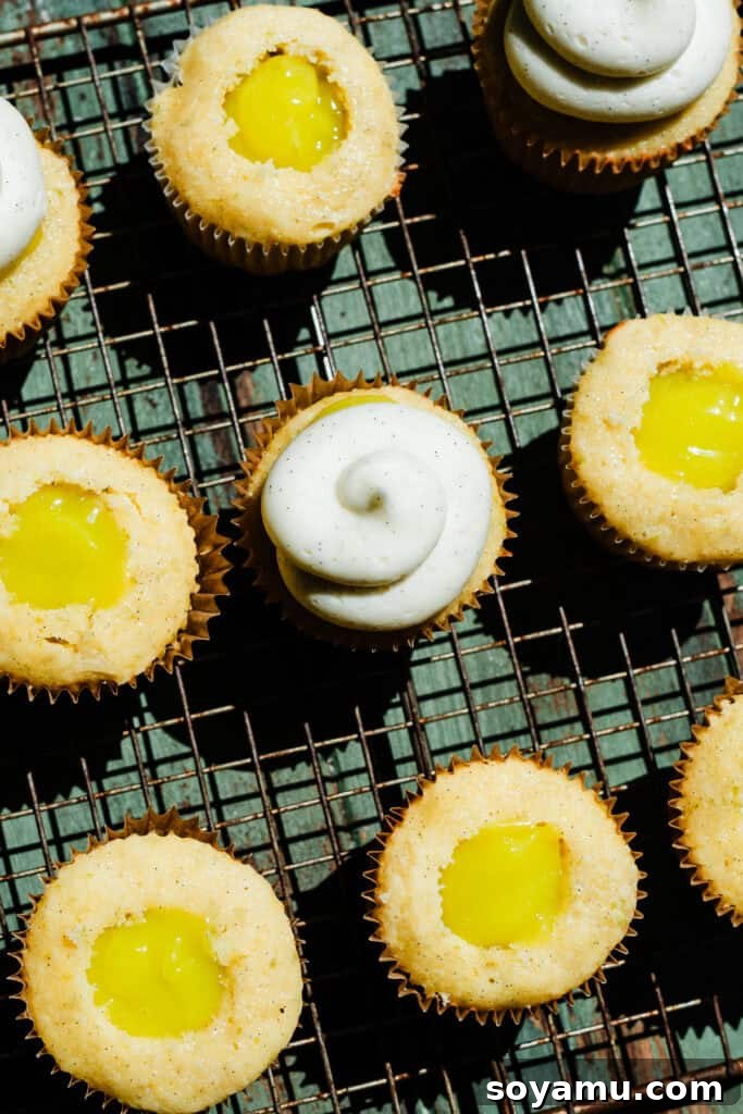 A bird's eye view of the cupcakes on a cooling rack, being cored, filled, and frosted.