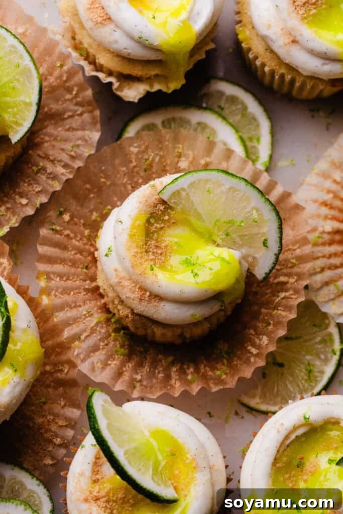 A bird's eye view of the decorated key lime cupcakes.